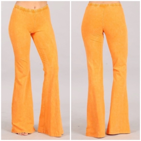 Tangerine Orange Boho Mineral Wash Stretch Flared Bell Bottom Casual Pants - Picture 1 of 6